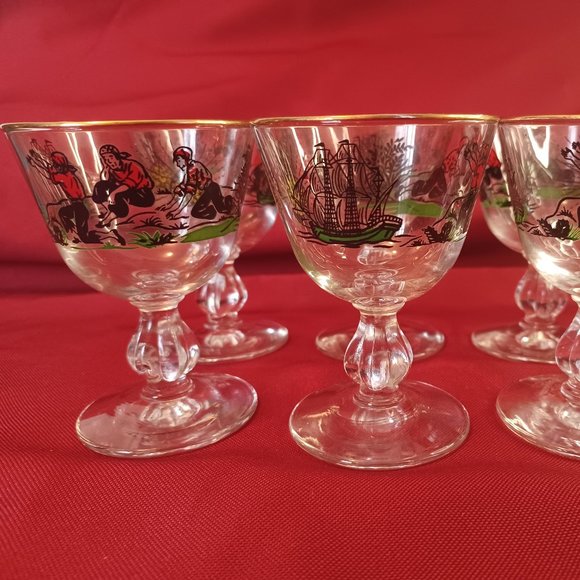 Midcentury Vintage Set of 6 Libbey Treasure Island Motif Pedestal Glasses - Picture 6 of 12